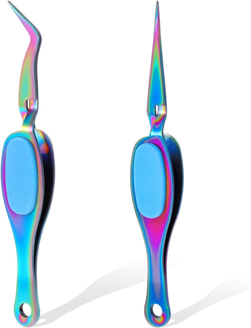 Jeffdad 2 Pcs Reverse Tweezers, Precision Craft Tweezers Crossing Lock Tweezers Fine Tip Grip Reverse Curved Bent Straight Tweezers for Crafting, Jewelry, Laboratory Work (Titanium, Blue) - Image 1